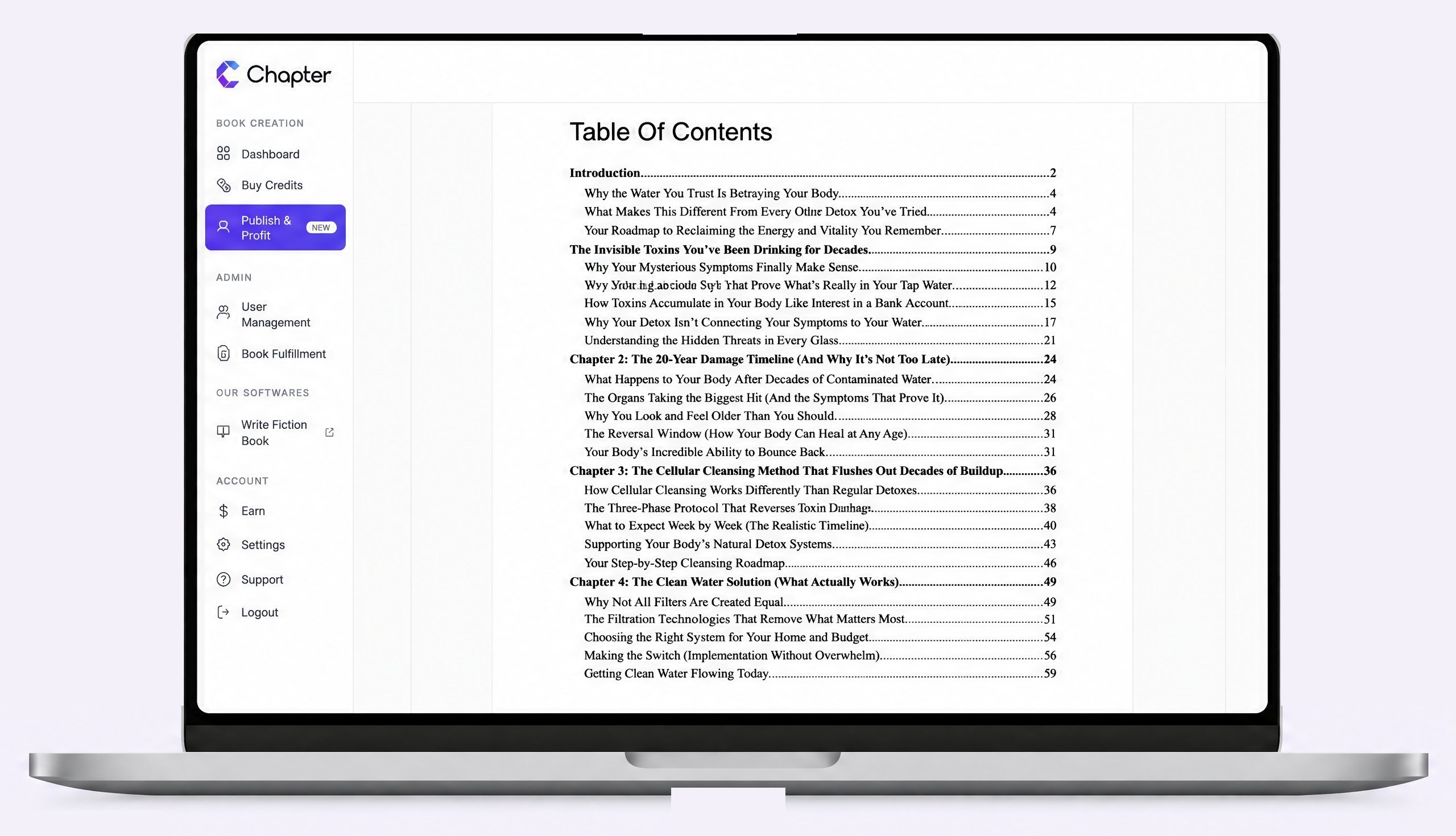 Inside Chapter: a finished book open in the software